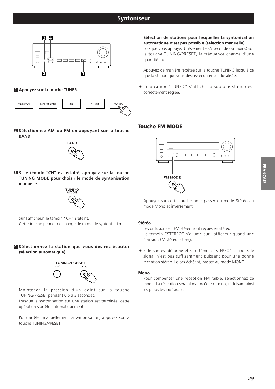 Syntoniseur, Touche fm mode | Teac AG-790 User Manual | Page 29 / 100