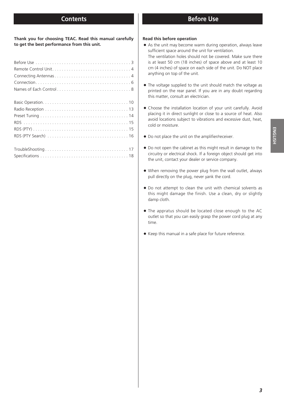 Contents before use | Teac AG-790 User Manual | Page 3 / 100