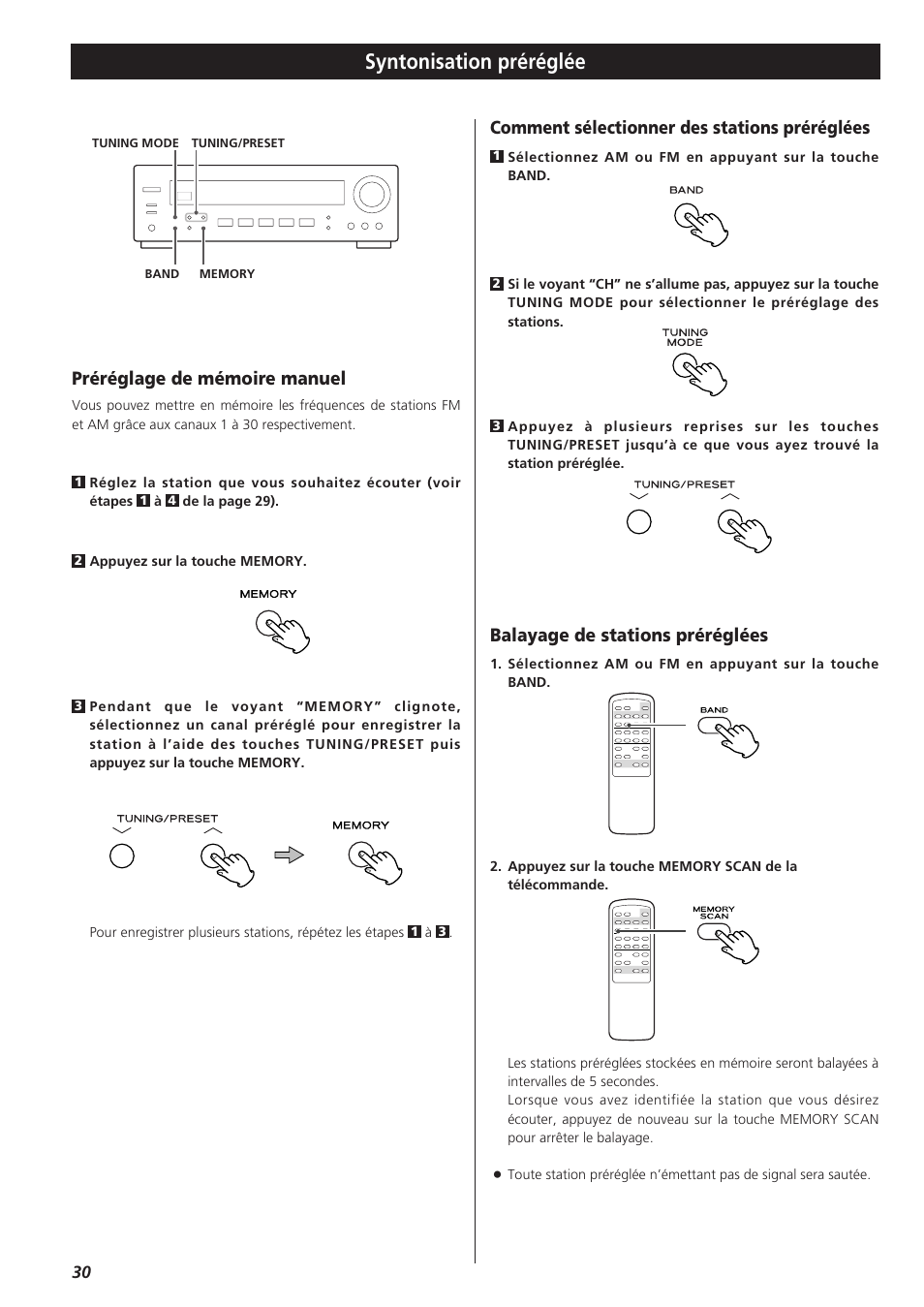 Syntonisation préréglée, Préréglage de mémoire manuel, Balayage de stations préréglées | Comment sélectionner des stations préréglées | Teac AG-790 User Manual | Page 30 / 100