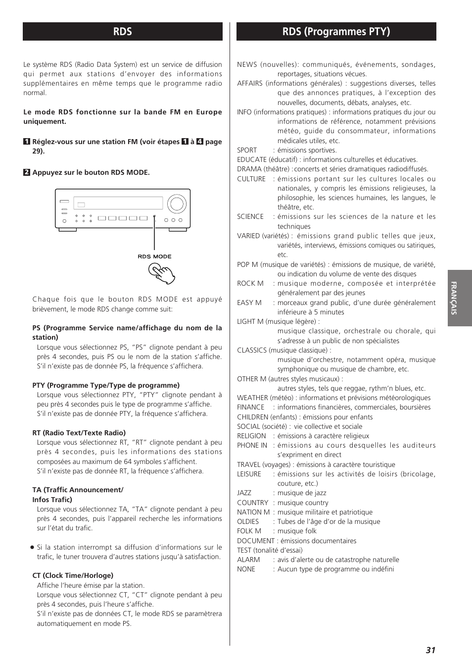 Rds (programmes pty) | Teac AG-790 User Manual | Page 31 / 100