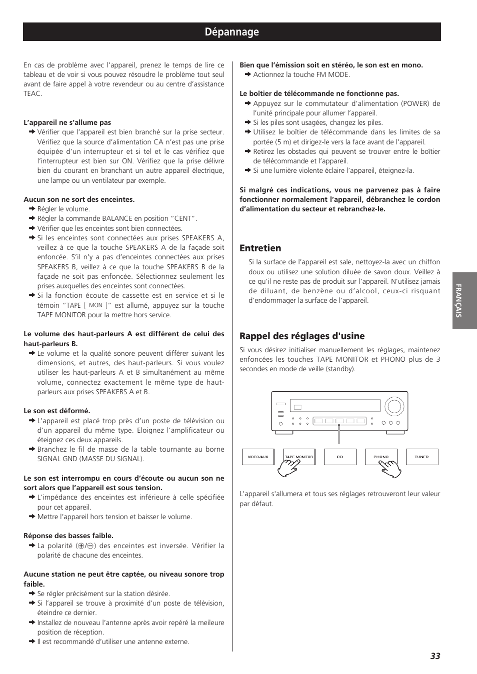 Dépannage, Entretien, Rappel des réglages d'usine | Teac AG-790 User Manual | Page 33 / 100