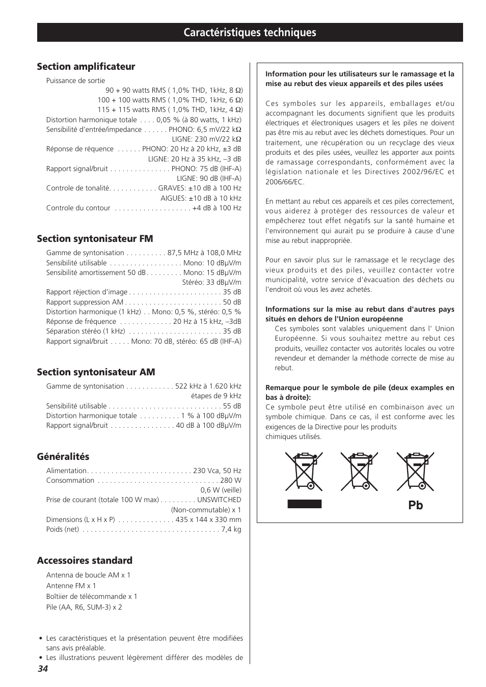 Caractéristiques techniques, Généralités, Accessoires standard | Teac AG-790 User Manual | Page 34 / 100