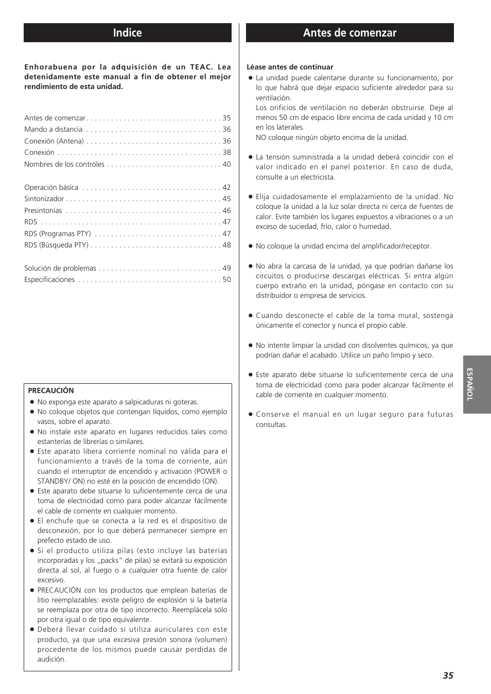 Antes de comenzar indice | Teac AG-790 User Manual | Page 35 / 100