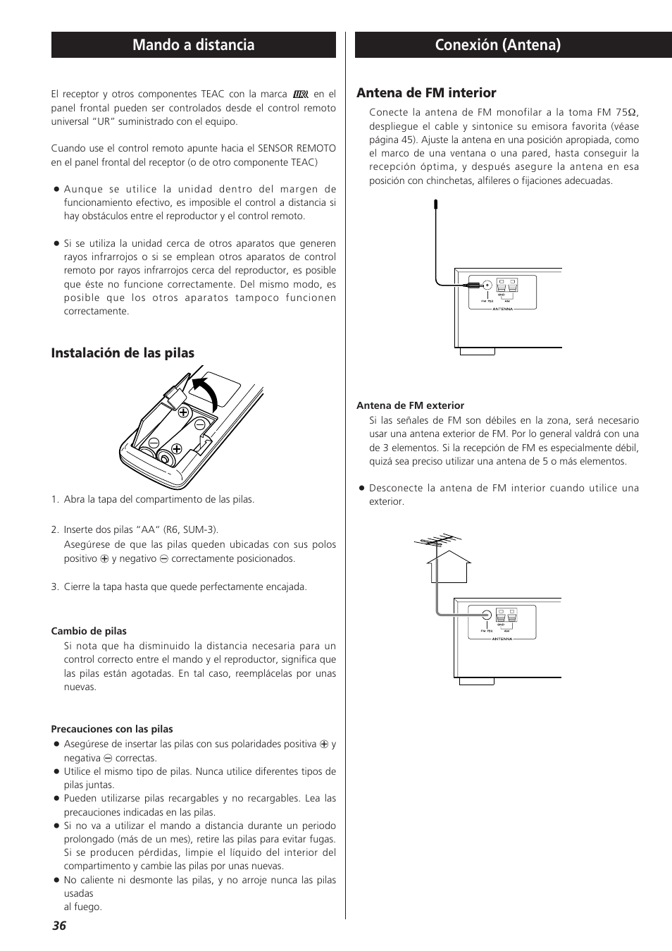 Conexión (antena) mando a distancia, Antena de fm interior, Instalación de las pilas | Teac AG-790 User Manual | Page 36 / 100