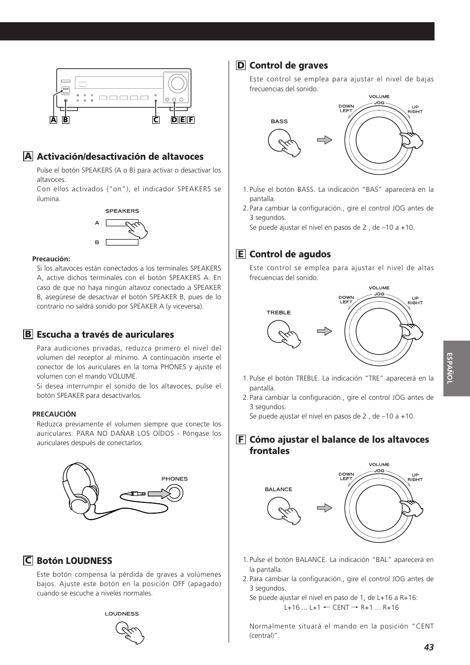 Activación/desactivación de altavoces, Aescucha a través de auriculares, Botón loudness | Control de agudos, Econtrol de graves | Teac AG-790 User Manual | Page 43 / 100