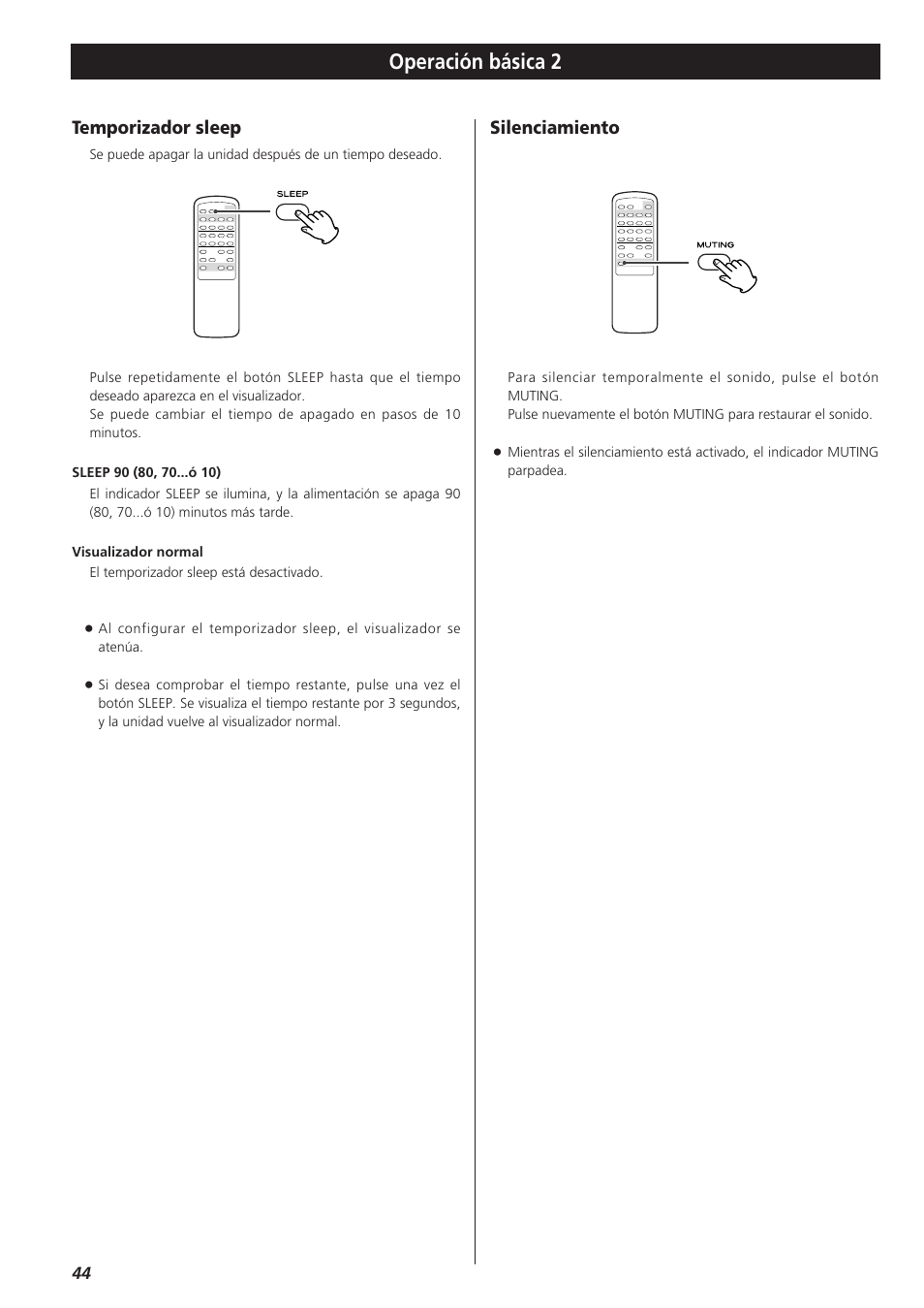 Operación básica 2, Temporizador sleep, Silenciamiento | Teac AG-790 User Manual | Page 44 / 100