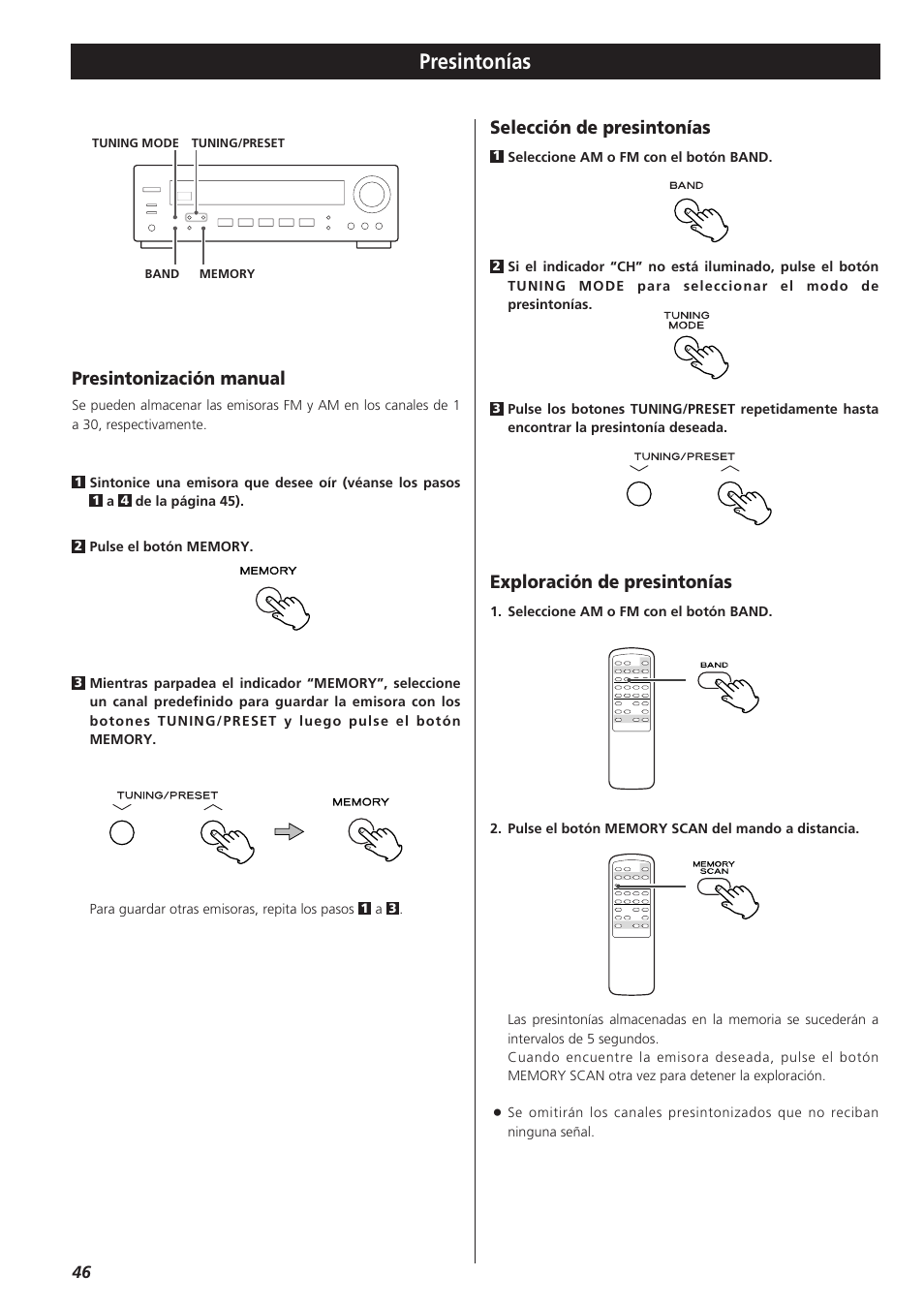 Presintonías, Presintonización manual, Selección de presintonías | Exploración de presintonías | Teac AG-790 User Manual | Page 46 / 100