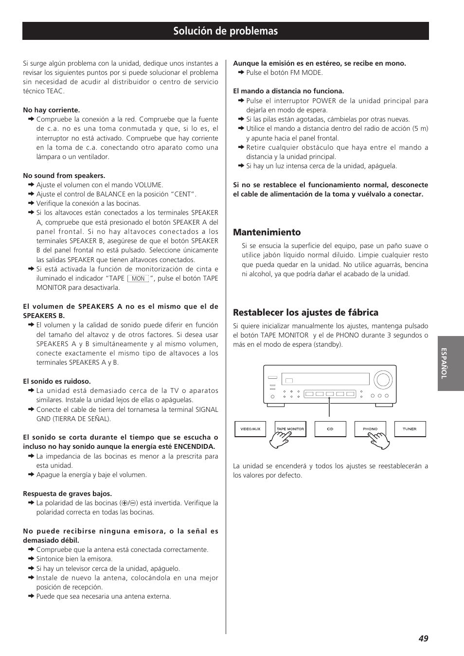 Solución de problemas, Mantenimiento, Restablecer los ajustes de fábrica | Teac AG-790 User Manual | Page 49 / 100