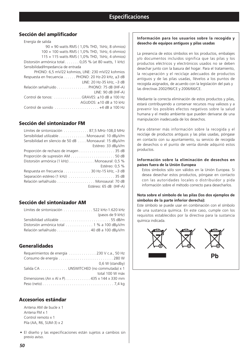 Especificaciones, Sección del amplificador, Sección del sintonizador fm | Sección del sintonizador am, Generalidades, Accesorios estándar | Teac AG-790 User Manual | Page 50 / 100