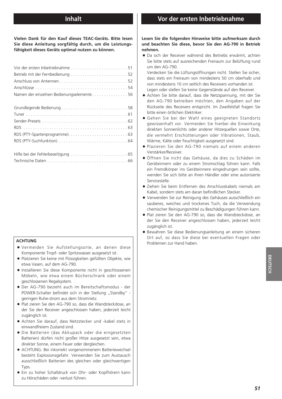 Inhalt, Vor der ersten inbetriebnahme | Teac AG-790 User Manual | Page 51 / 100