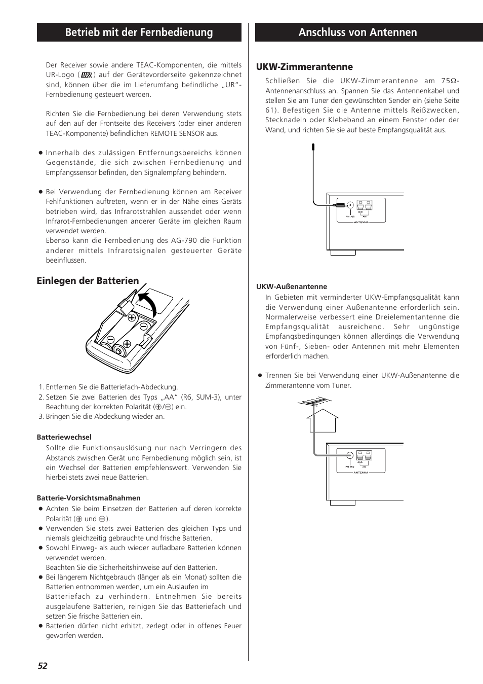 Einlegen der batterien, Ukw-zimmerantenne | Teac AG-790 User Manual | Page 52 / 100