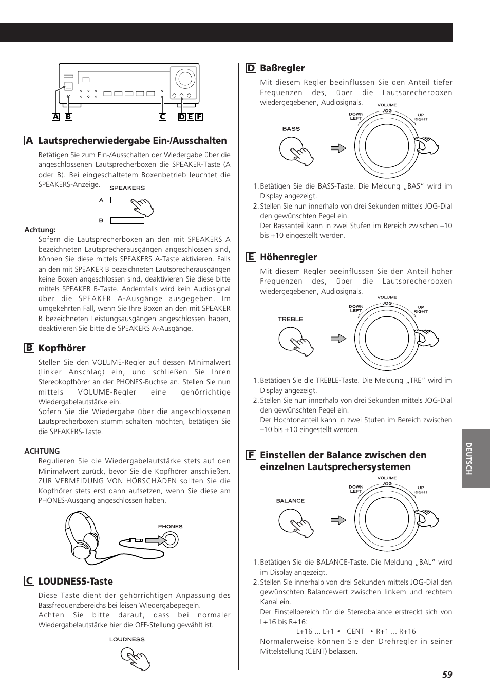 Kopfhörer, Loudness-taste, Chöhenregler | Ebaßregler, Lautsprecherwiedergabe ein-/ausschalten | Teac AG-790 User Manual | Page 59 / 100