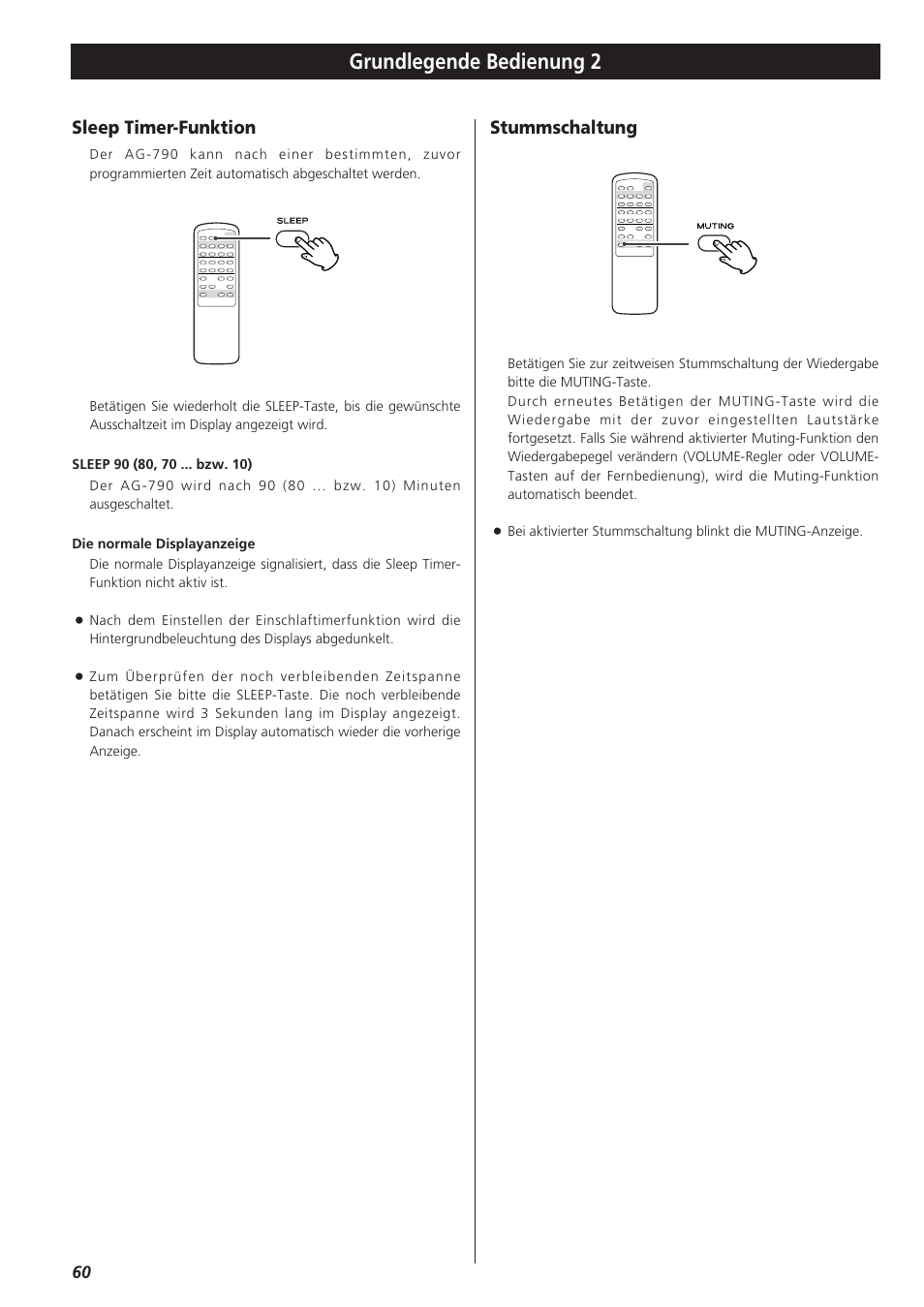 Grundlegende bedienung 2, Sleep timer-funktion, Stummschaltung | Teac AG-790 User Manual | Page 60 / 100