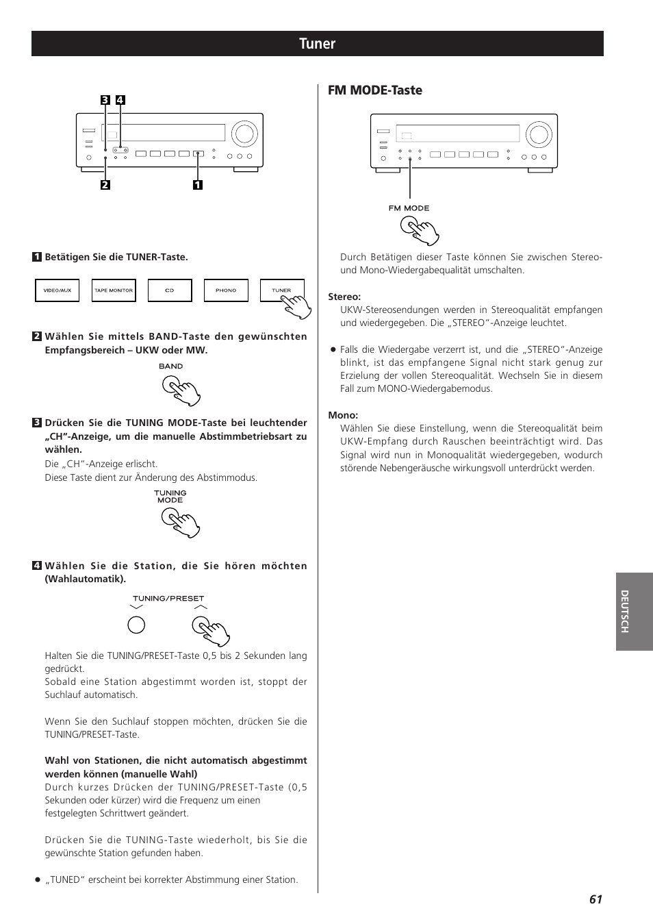 Tuner, Fm mode-taste | Teac AG-790 User Manual | Page 61 / 100