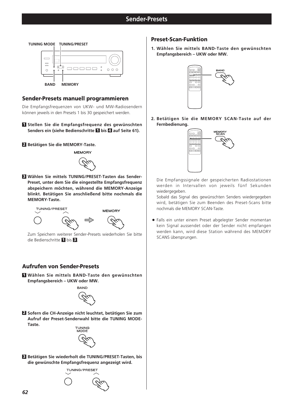 Sender-presets, Sender-presets manuell programmieren, Preset-scan-funktion | Aufrufen von sender-presets | Teac AG-790 User Manual | Page 62 / 100