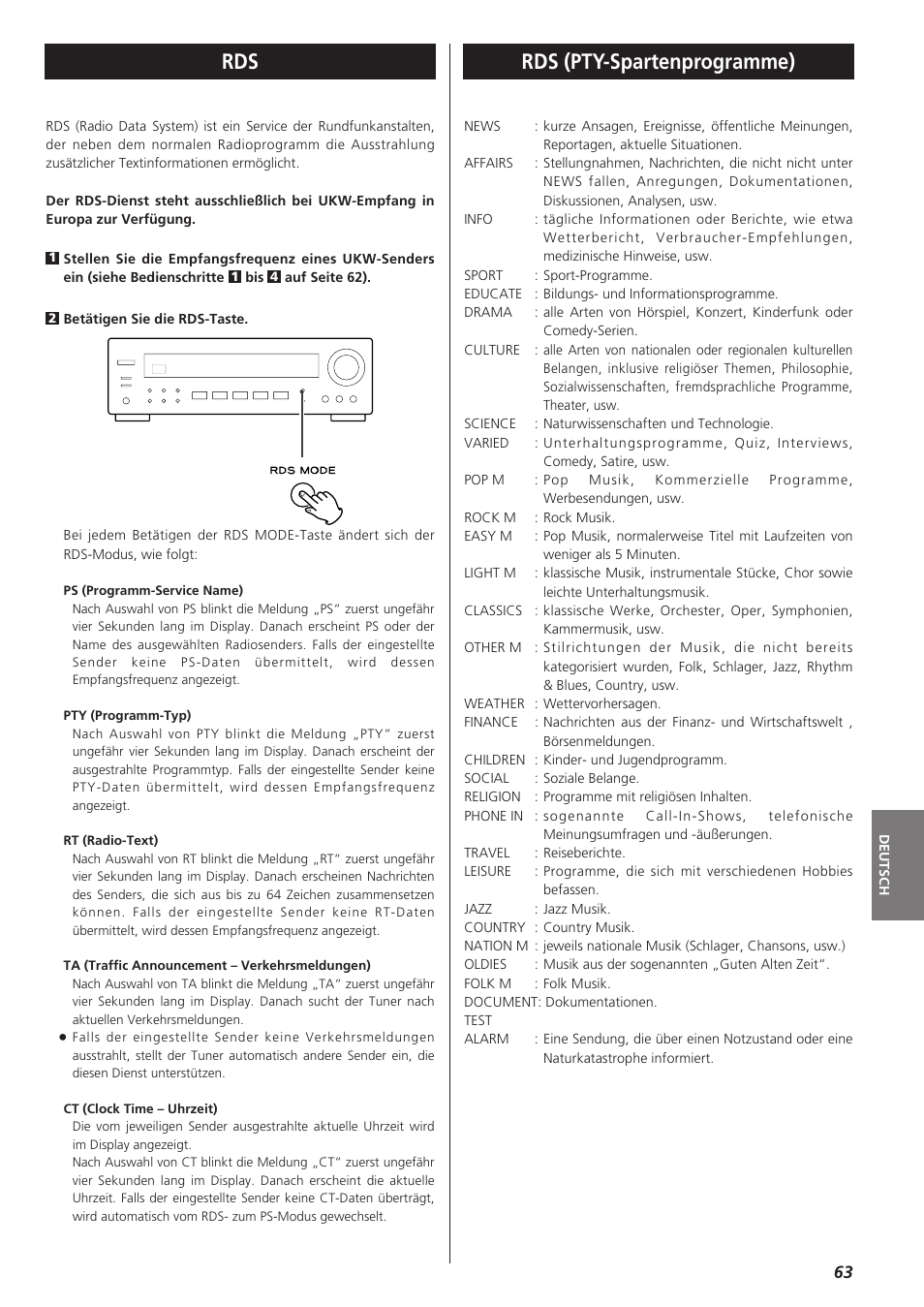 Rds (pty-spartenprogramme) | Teac AG-790 User Manual | Page 63 / 100