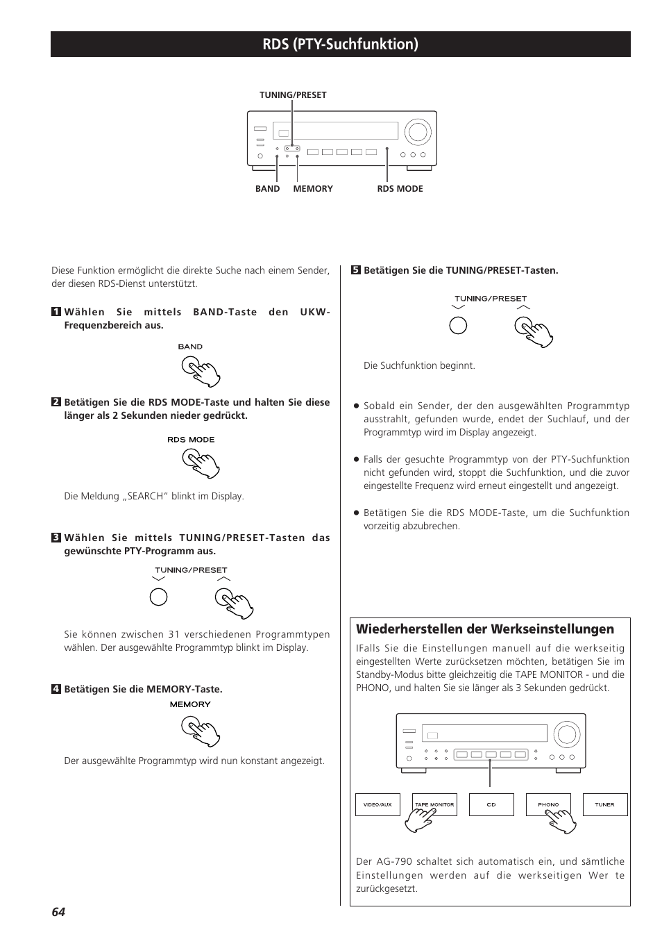 Rds (pty-suchfunktion), Wiederherstellen der werkseinstellungen | Teac AG-790 User Manual | Page 64 / 100