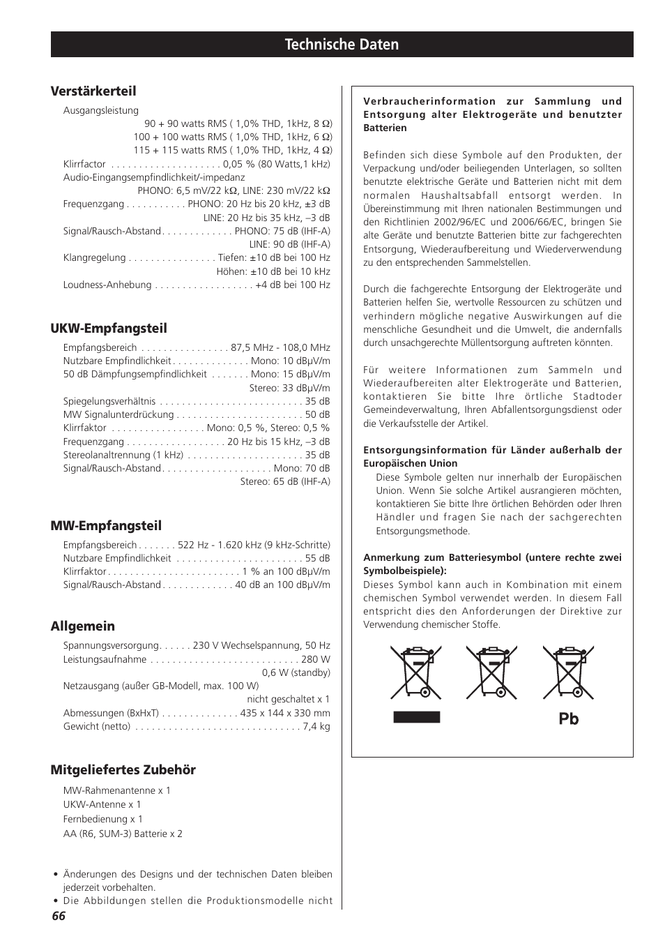 Technische daten, Verstärkerteil, Ukw-empfangsteil | Mw-empfangsteil, Allgemein, Mitgeliefertes zubehör | Teac AG-790 User Manual | Page 66 / 100