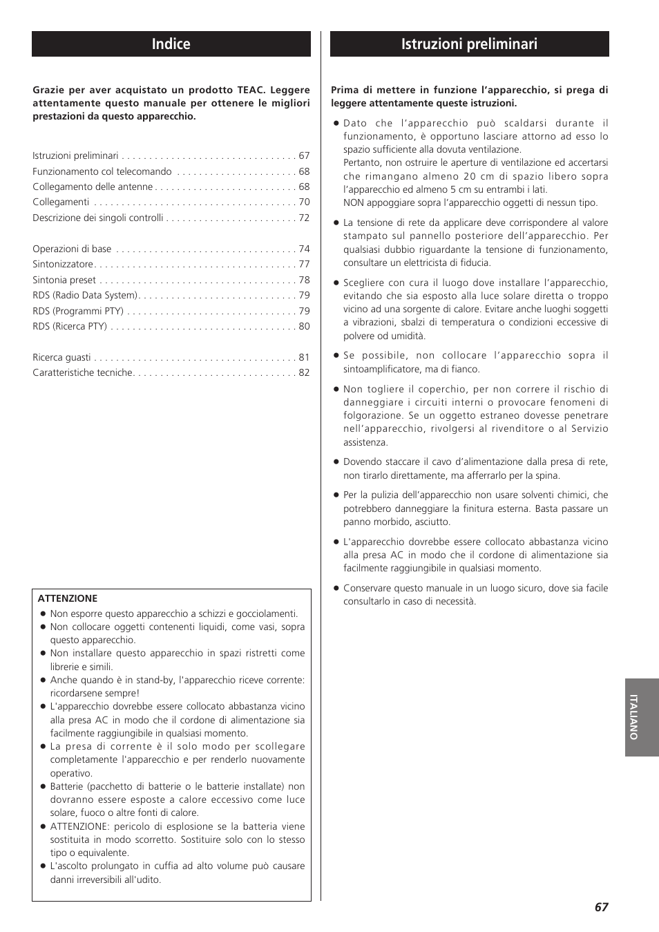 Istruzioni preliminari, Indice | Teac AG-790 User Manual | Page 67 / 100