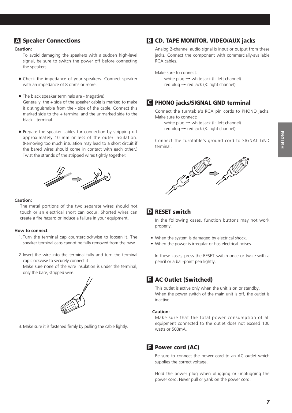 Cd, tape monitor, video/aux jacks, Phono jacks/signal gnd terminal, Reset switch | Ac outlet (switched), Power cord (ac) | Teac AG-790 User Manual | Page 7 / 100