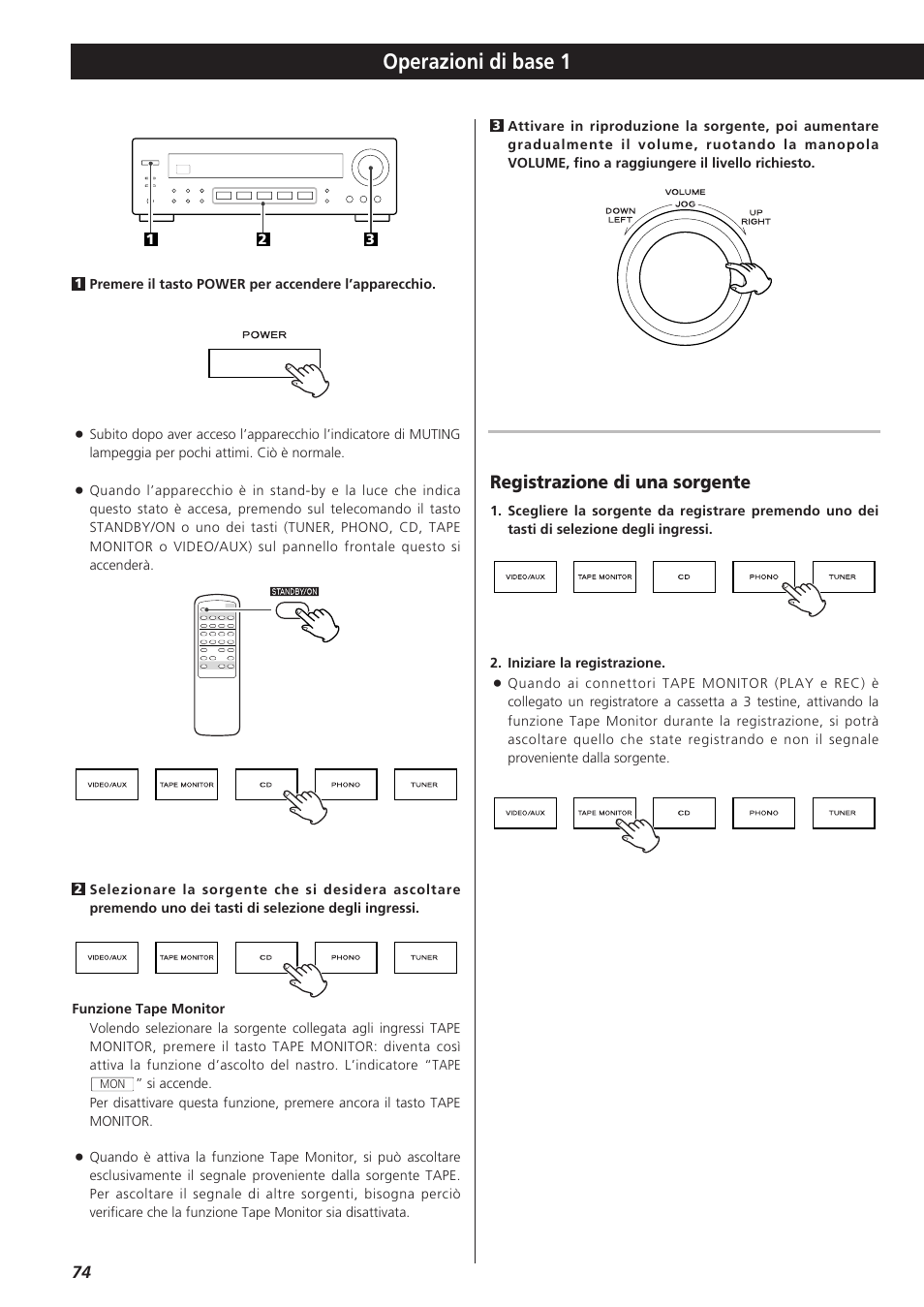 Operazioni di base 1, Registrazione di una sorgente | Teac AG-790 User Manual | Page 74 / 100