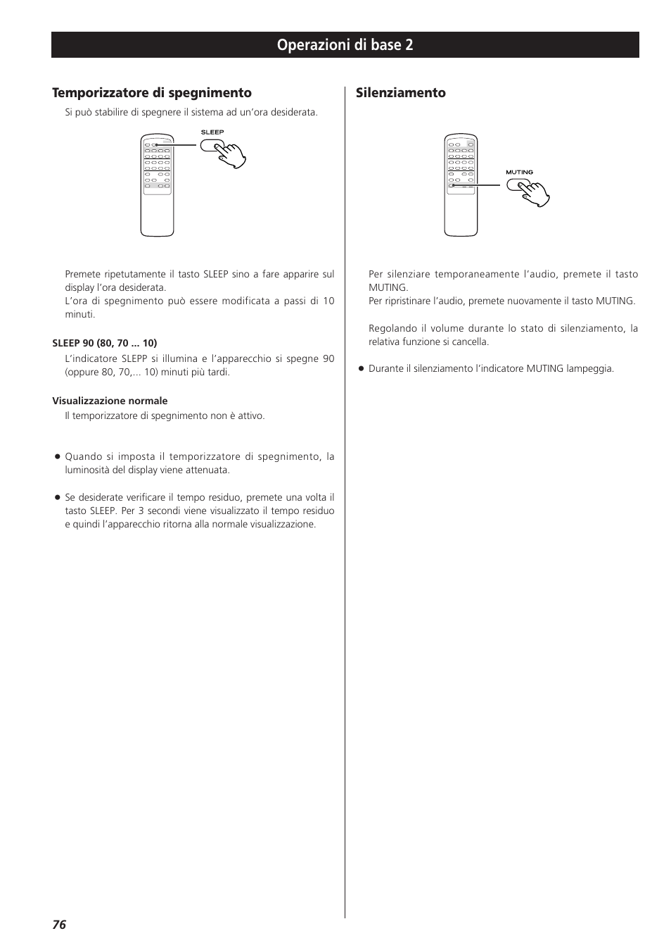 Operazioni di base 2, Temporizzatore di spegnimento, Silenziamento | Teac AG-790 User Manual | Page 76 / 100