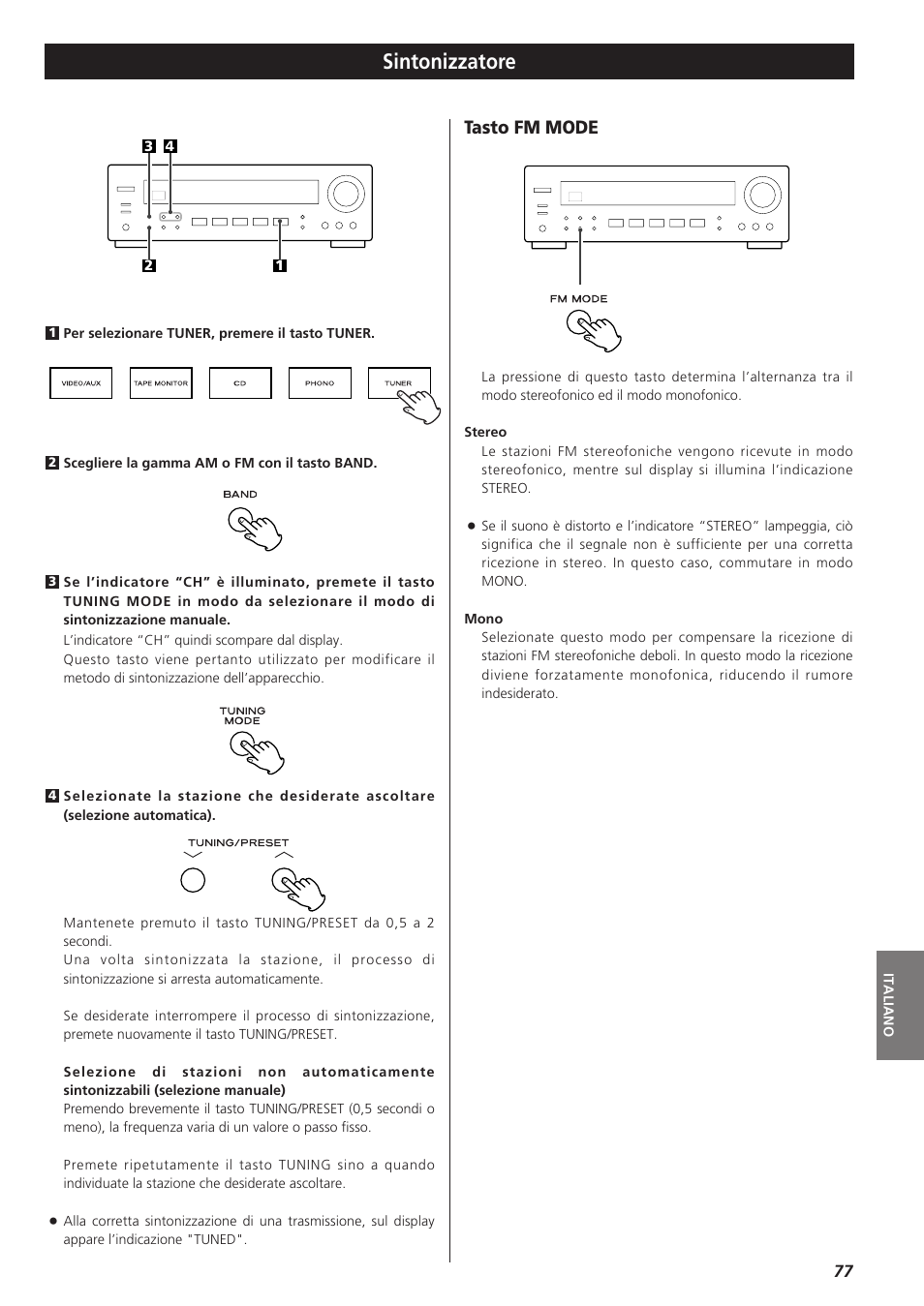 Sintonizzatore, Tasto fm mode | Teac AG-790 User Manual | Page 77 / 100