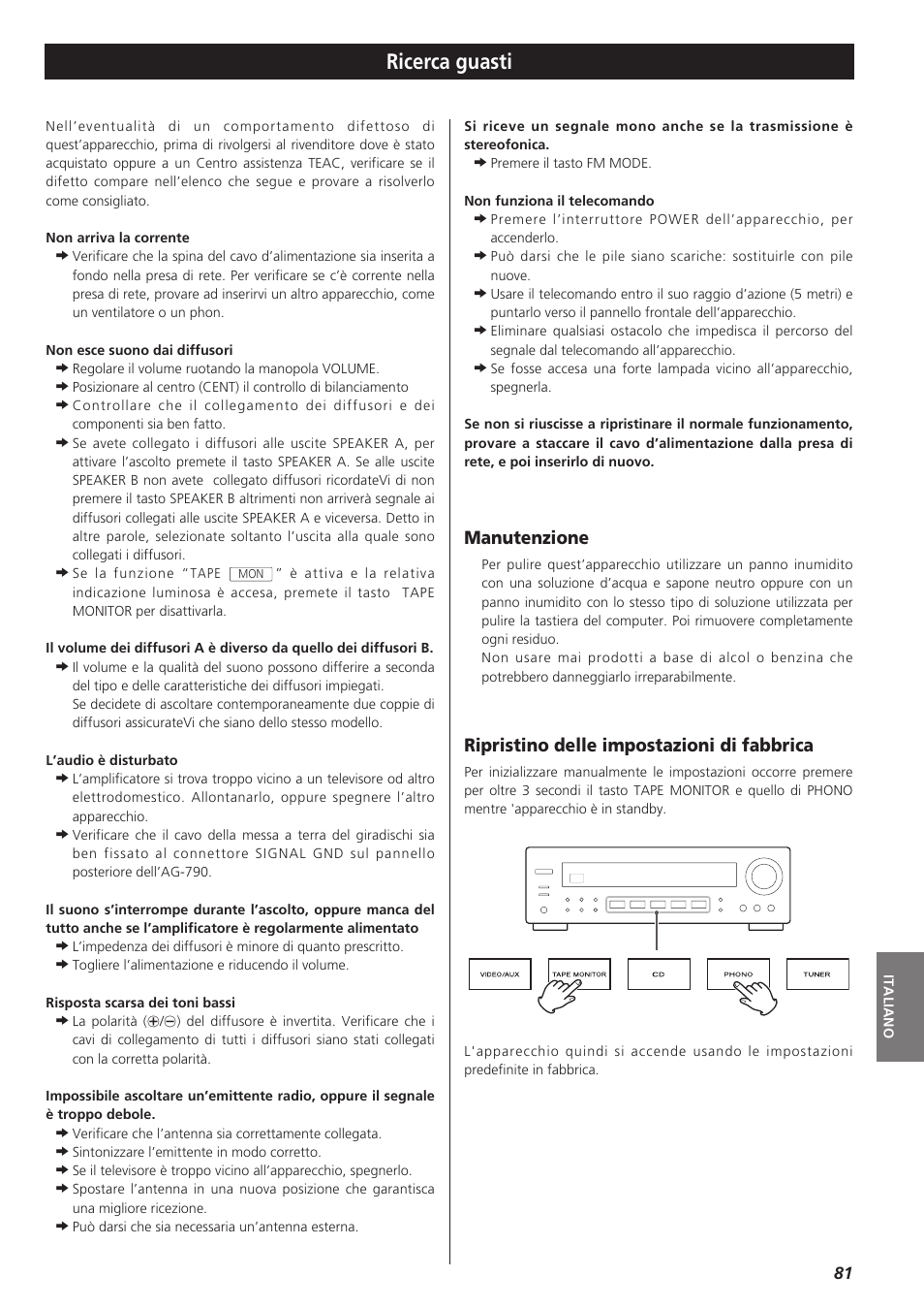 Ricerca guasti, Manutenzione, Ripristino delle impostazioni di fabbrica | Teac AG-790 User Manual | Page 81 / 100