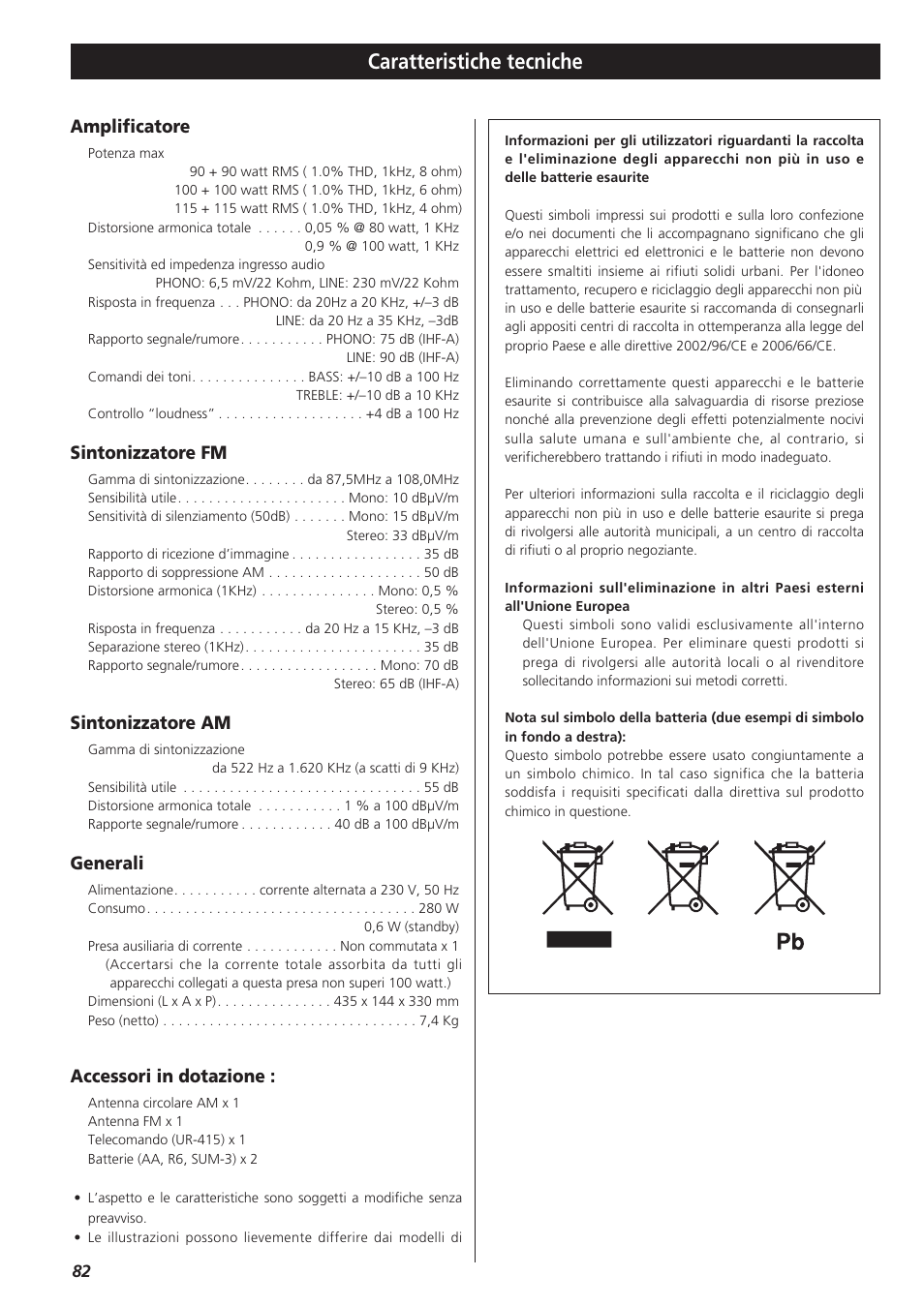 Caratteristiche tecniche, Amplificatore, Sintonizzatore fm | Sintonizzatore am, Generali, Accessori in dotazione | Teac AG-790 User Manual | Page 82 / 100