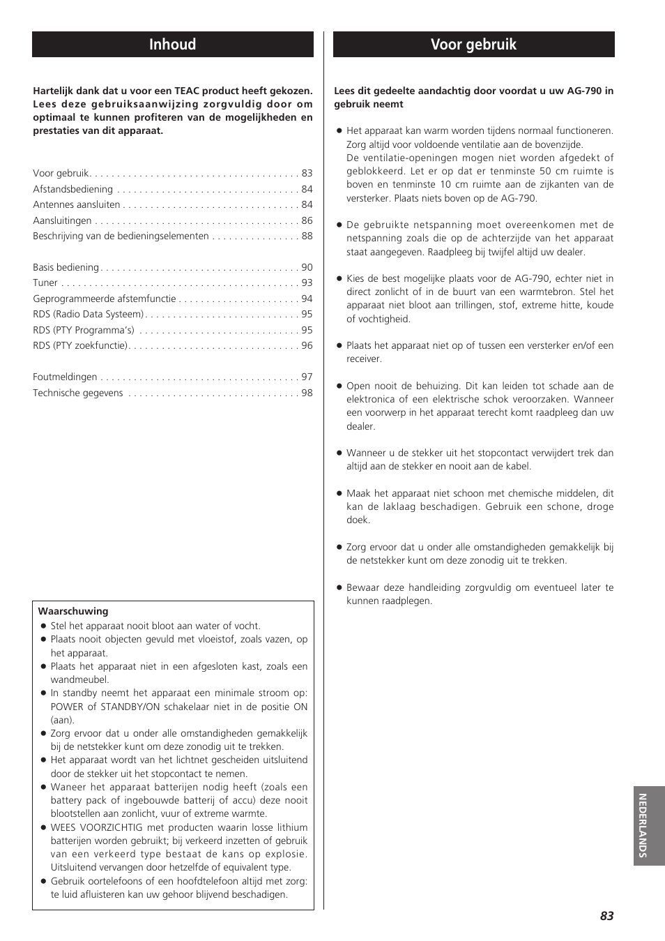 Voor gebruik inhoud | Teac AG-790 User Manual | Page 83 / 100