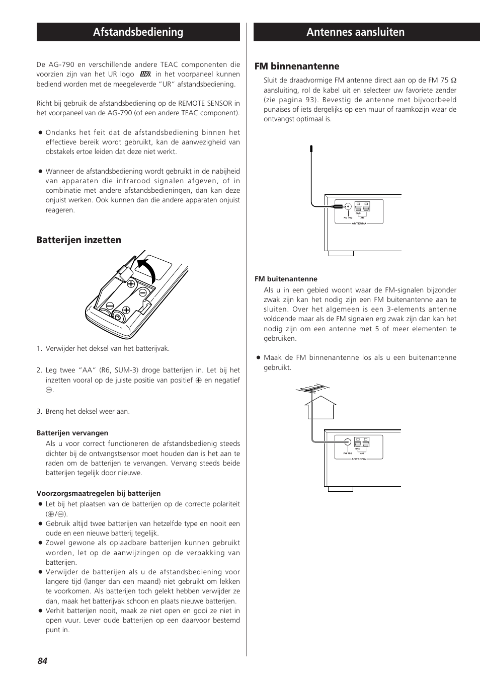 Antennes aansluiten afstandsbediening, Batterijen inzetten, Fm binnenantenne | Teac AG-790 User Manual | Page 84 / 100