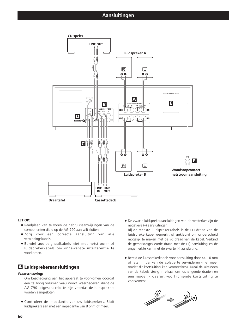 Aansluitingen, Luidsprekeraansluitingen | Teac AG-790 User Manual | Page 86 / 100