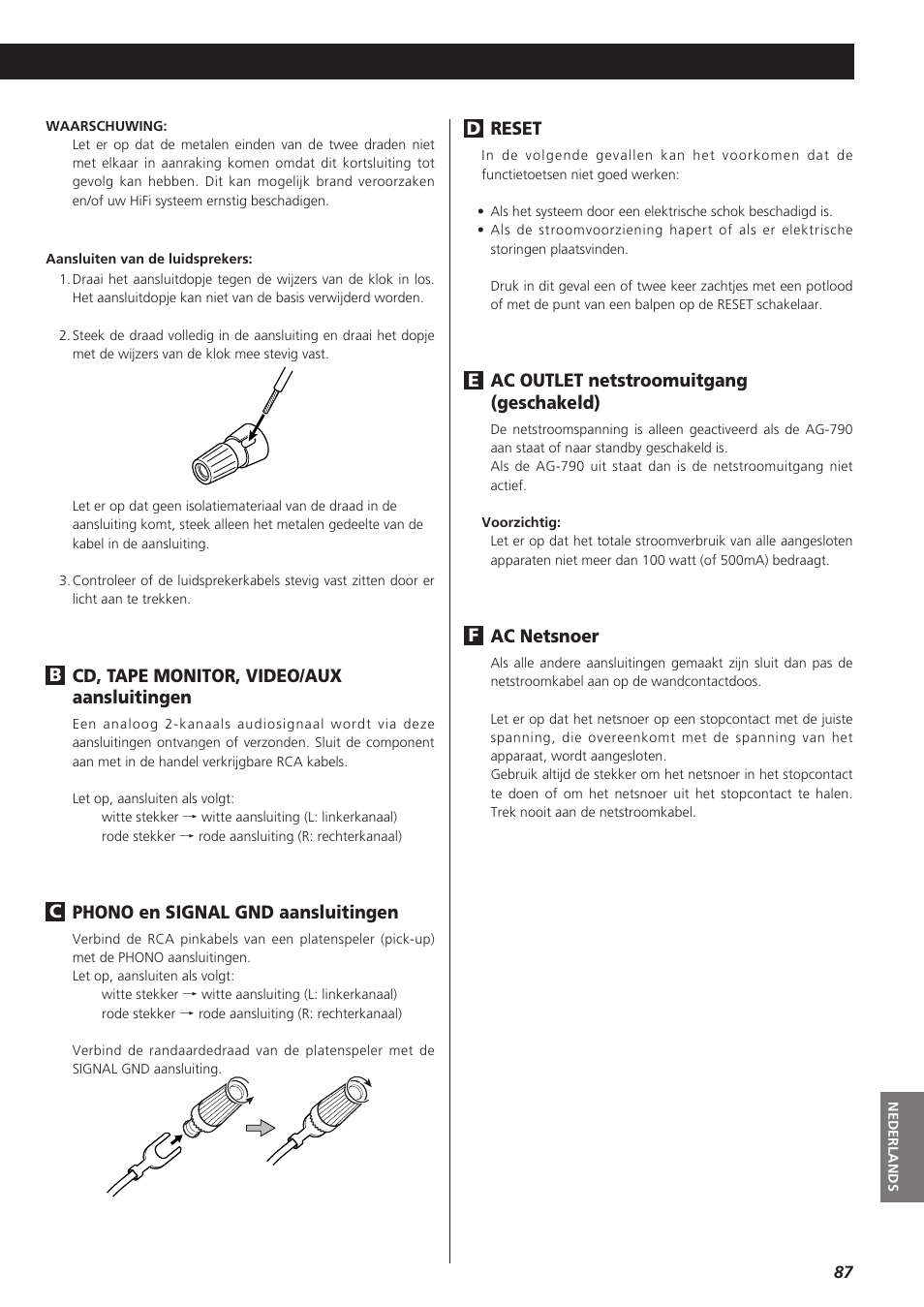 Reset, Ac outlet netstroomuitgang (geschakeld), Ac netsnoer | Fe d, Cd, tape monitor, video/aux aansluitingen, Phono en signal gnd aansluitingen | Teac AG-790 User Manual | Page 87 / 100