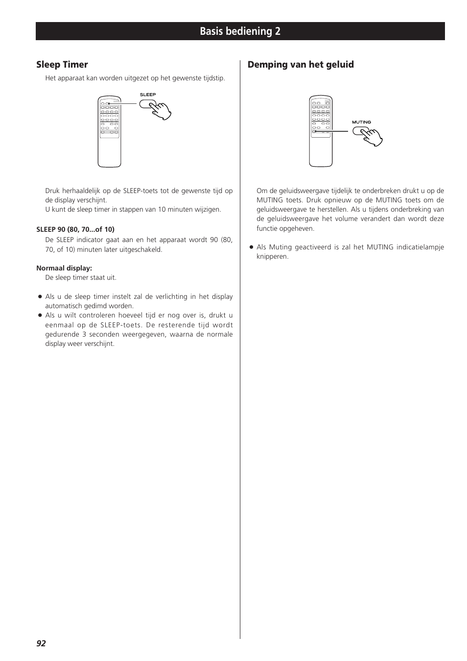 Basis bediening 2, Sleep timer, Demping van het geluid | Teac AG-790 User Manual | Page 92 / 100