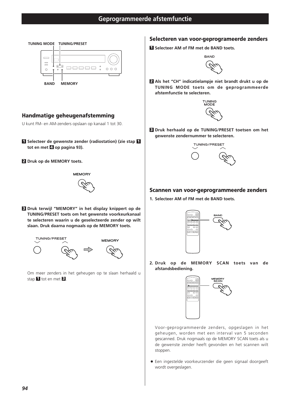 Geprogrammeerde afstemfunctie, Handmatige geheugenafstemming, Selecteren van voor-geprogrameerde zenders | Scannen van voor-geprogrammeerde zenders | Teac AG-790 User Manual | Page 94 / 100