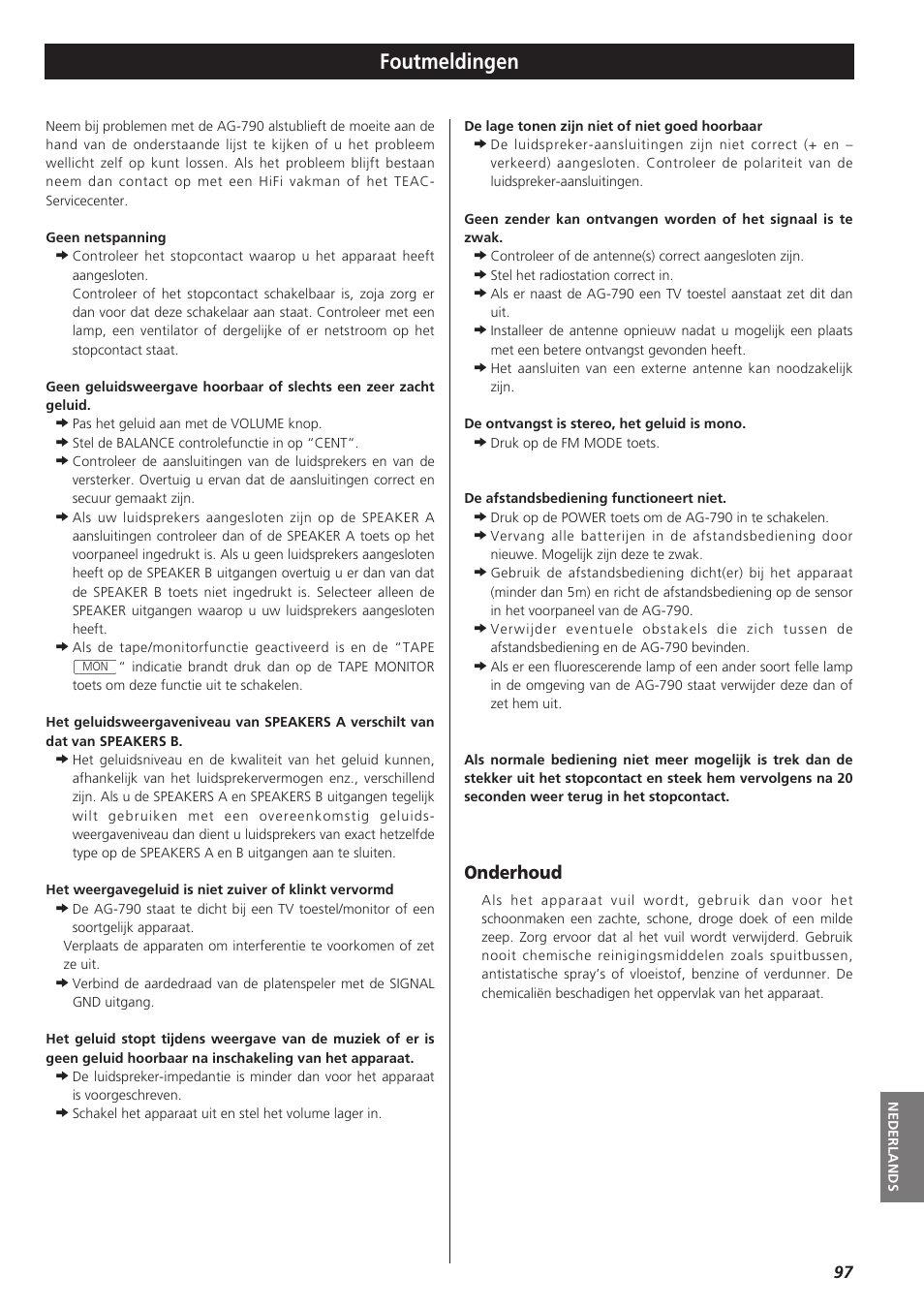 Foutmeldingen, Onderhoud | Teac AG-790 User Manual | Page 97 / 100