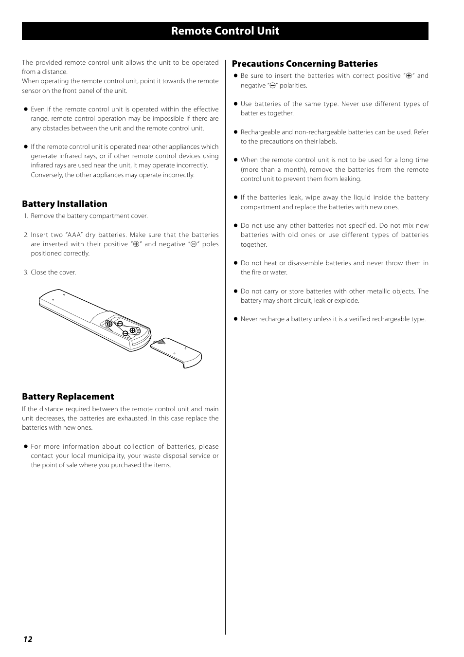 Remote control unit, Precautions concerning batteries, Battery installation | Battery replacement | Teac AG-H380 User Manual | Page 12 / 32