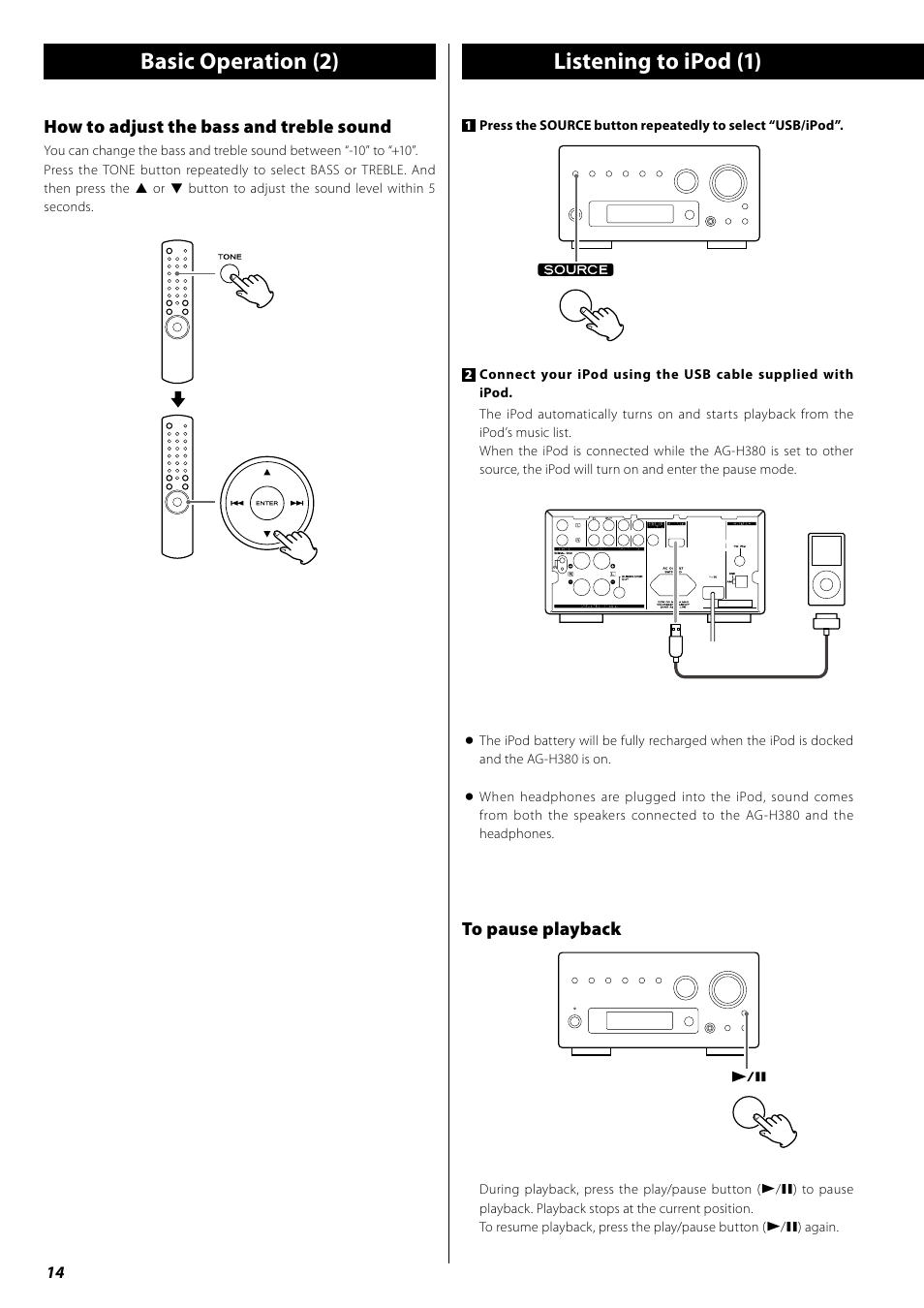 Listening to ipod, Basic operation (2) listening to ipod (1) | Teac AG-H380 User Manual | Page 14 / 32