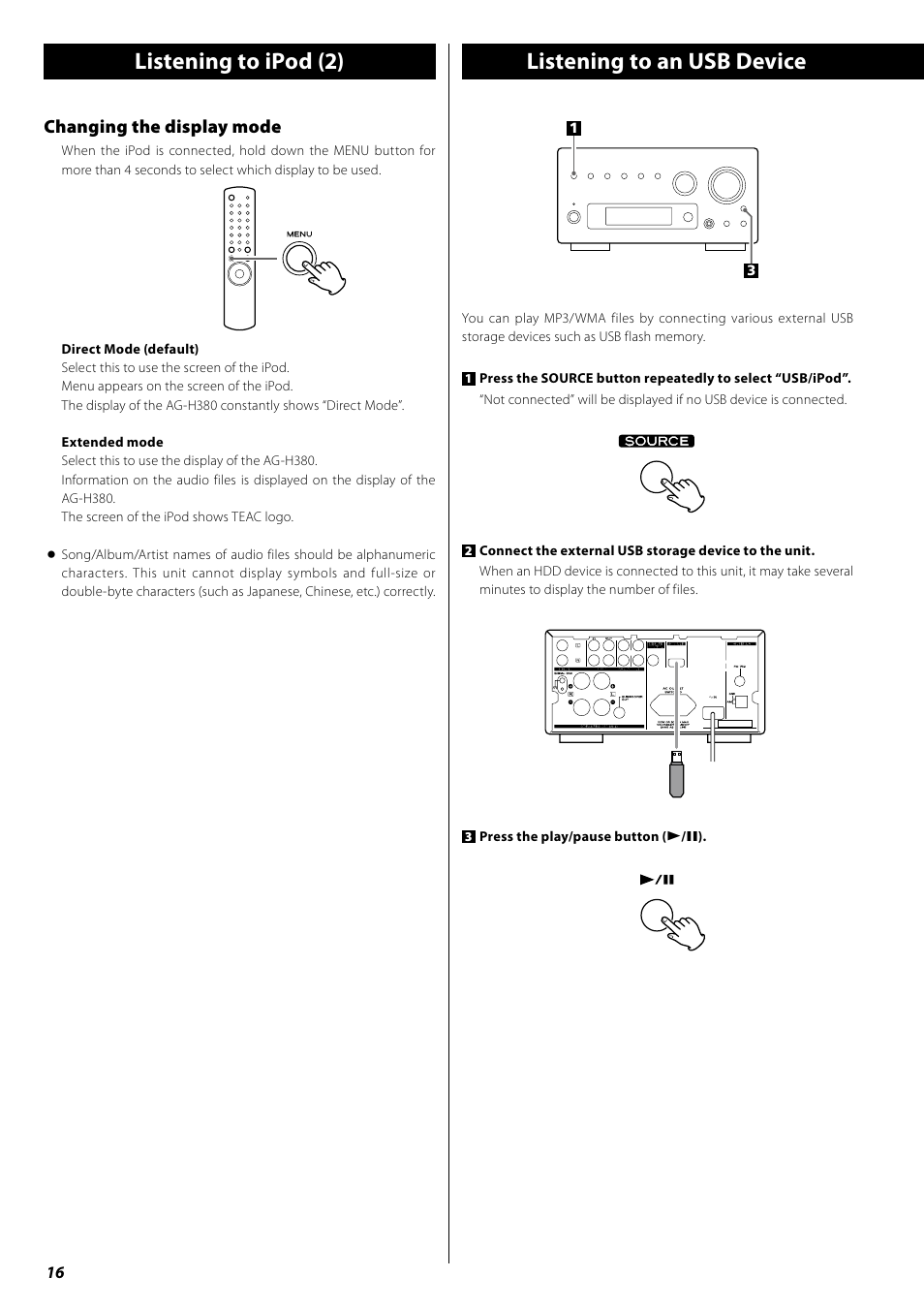 Listening to an usb device, Listening to ipod (2), Changing the display mode | Teac AG-H380 User Manual | Page 16 / 32