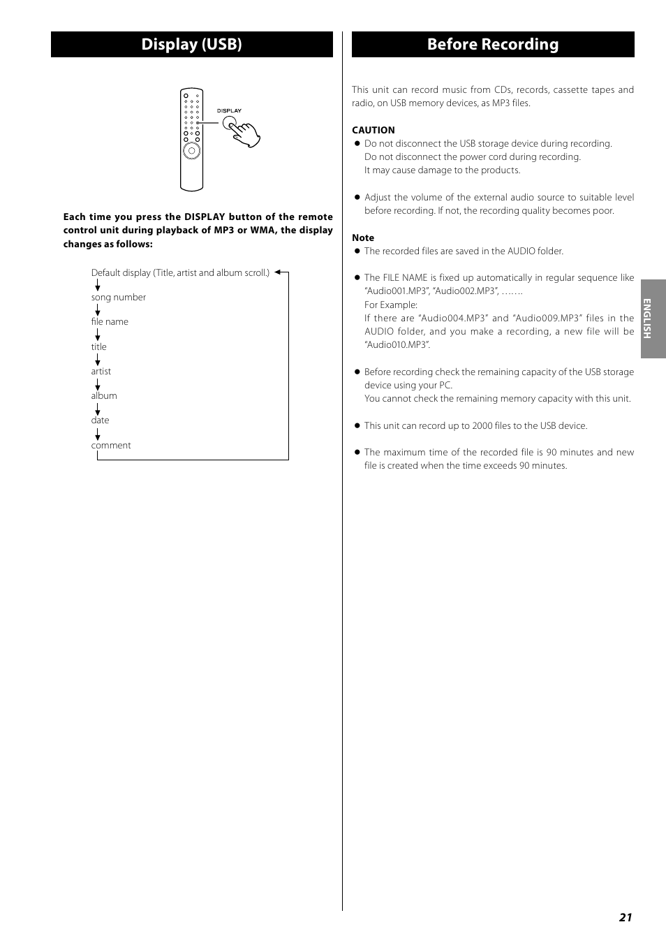 Display (usb), Before recording, Display (usb) before recording | Teac AG-H380 User Manual | Page 21 / 32