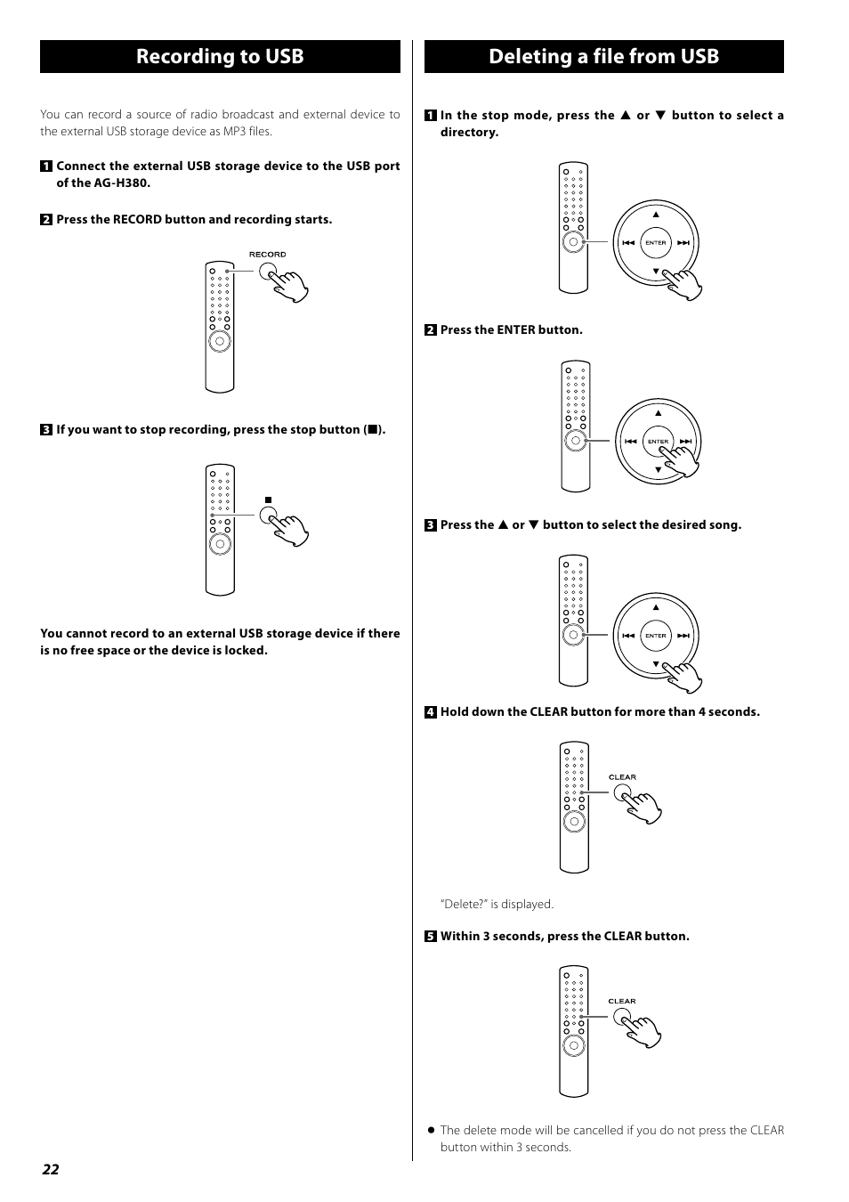 Recording to usb, Deleting a file from usb, Recording to usb deleting a file from usb | Teac AG-H380 User Manual | Page 22 / 32