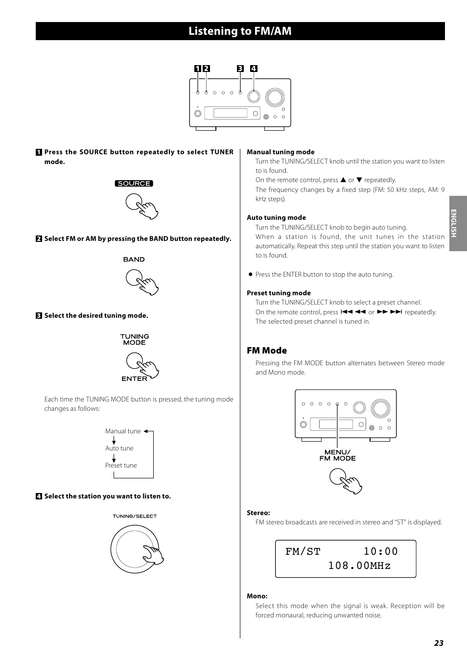 Listening to fm/am, Fm mode | Teac AG-H380 User Manual | Page 23 / 32