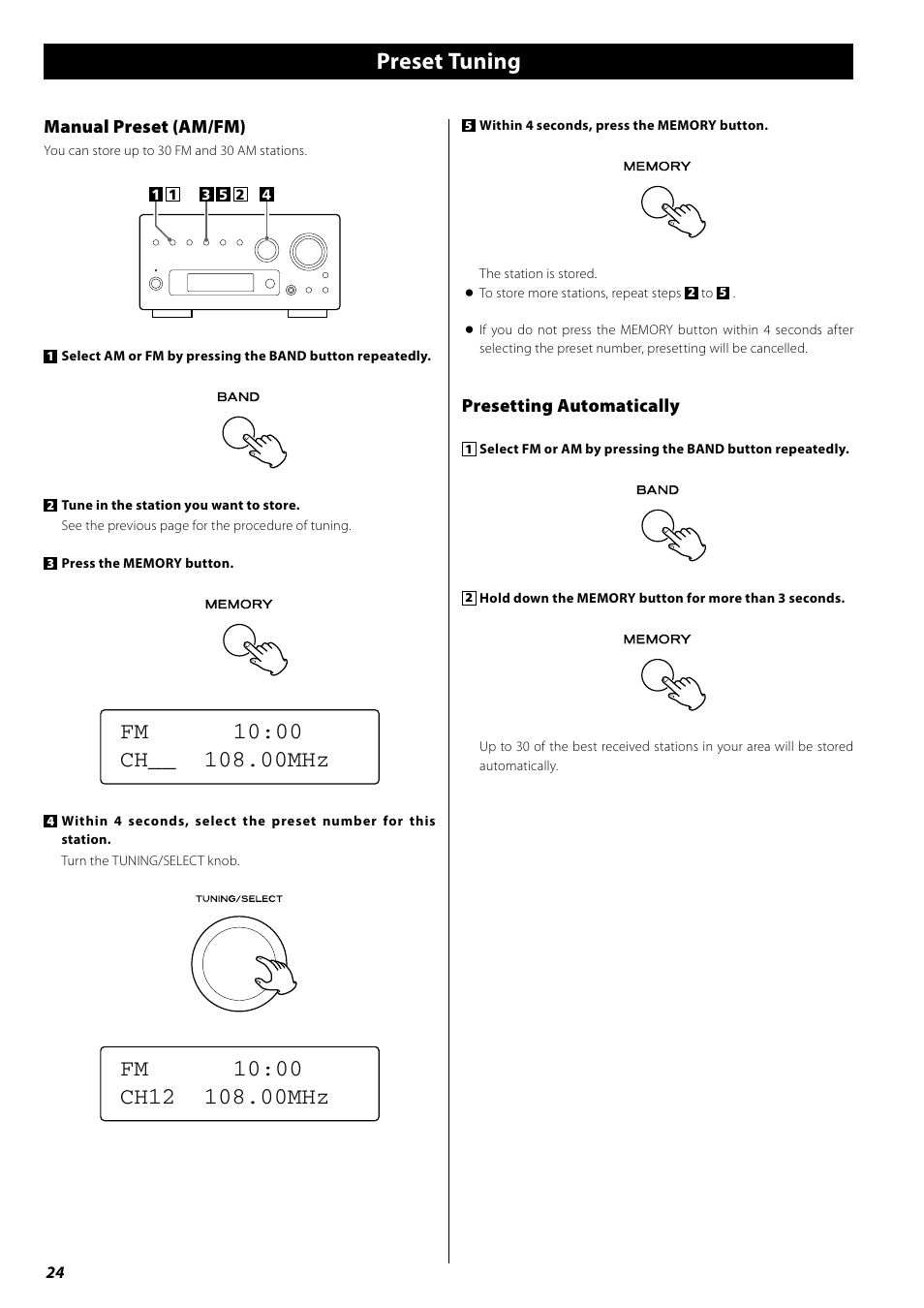 Preset tuning, Fm 10:00 ch mhz | Teac AG-H380 User Manual | Page 24 / 32