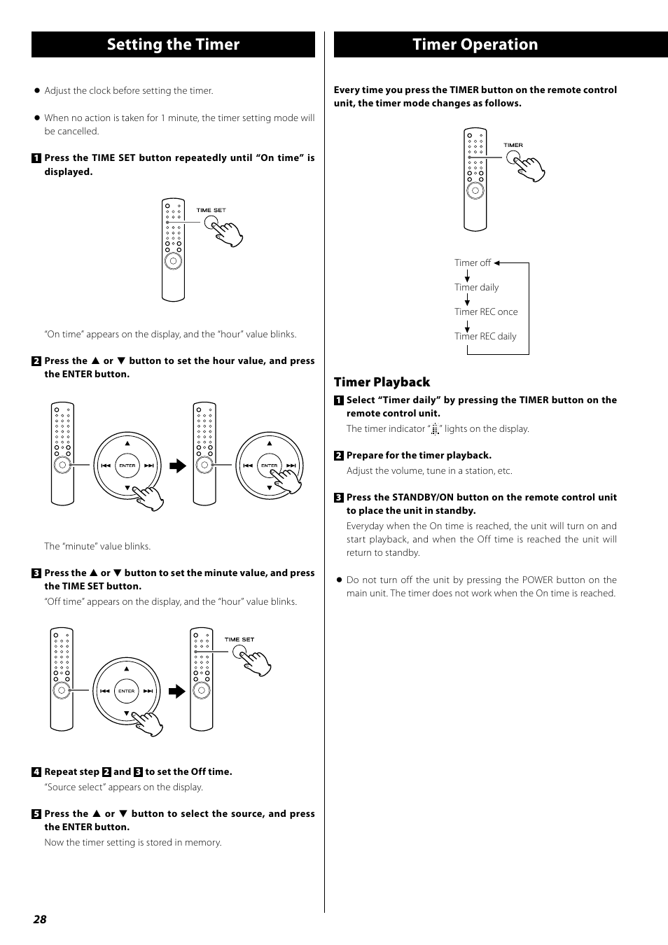 Setting the timer, Timer operation, Setting the timer timer operation | Timer playback | Teac AG-H380 User Manual | Page 28 / 32