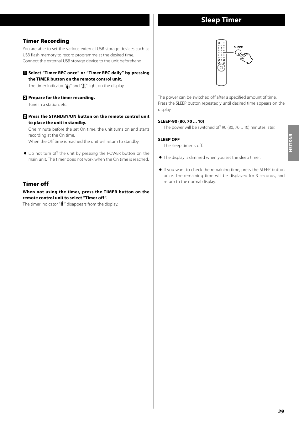 Sleep timer, Timer recording, Timer off | Teac AG-H380 User Manual | Page 29 / 32