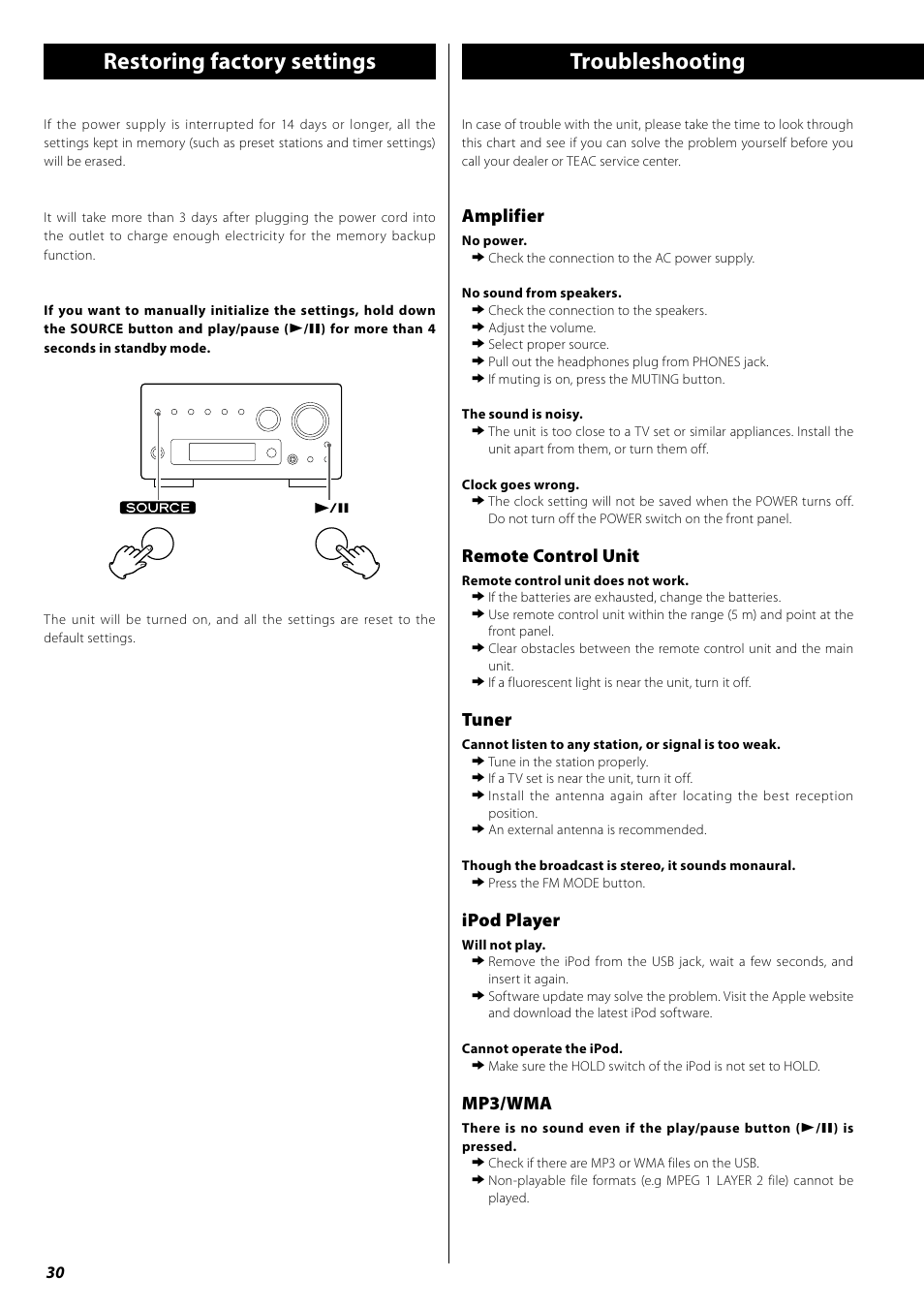 Troubleshooting, Restoring factory settings, Amplifier | Remote control unit, Tuner, Ipod player, Mp3/wma | Teac AG-H380 User Manual | Page 30 / 32