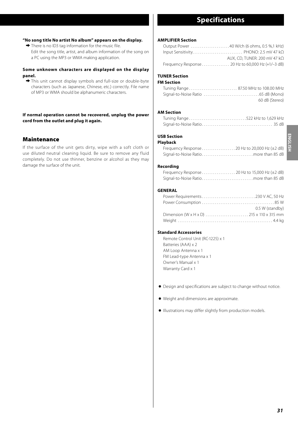 Specifications, Avant l’utilisation, Mp3 et wma | Restoring factory settings, Maintenance | Teac AG-H380 User Manual | Page 31 / 32