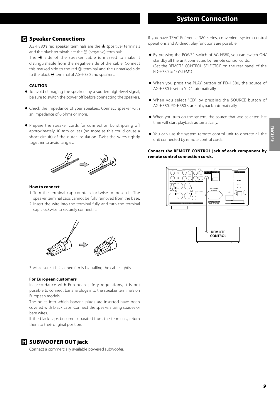 System connection, Gspeaker connections, Hsubwoofer out jack | Teac AG-H380 User Manual | Page 9 / 32