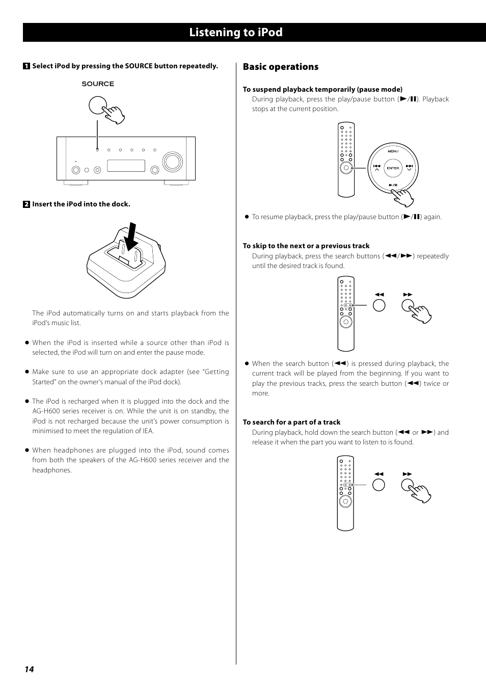 Listening to ipod, Basic operations | Teac AG-H600NT User Manual | Page 14 / 96