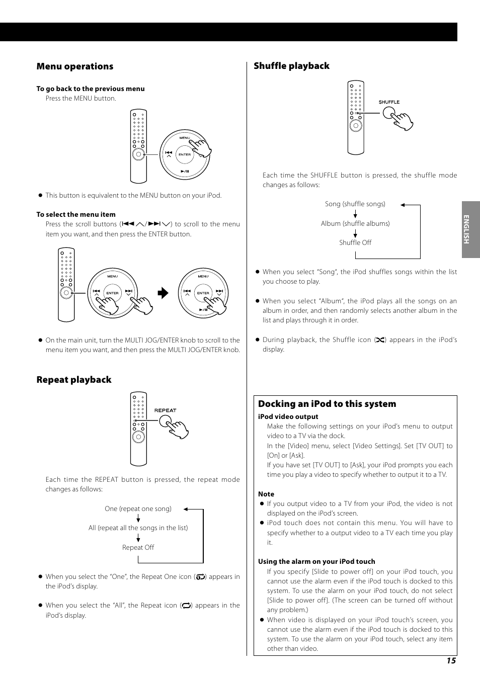 Shuffle playback, Menu operations, Repeat playback | Docking an ipod to this system | Teac AG-H600NT User Manual | Page 15 / 96